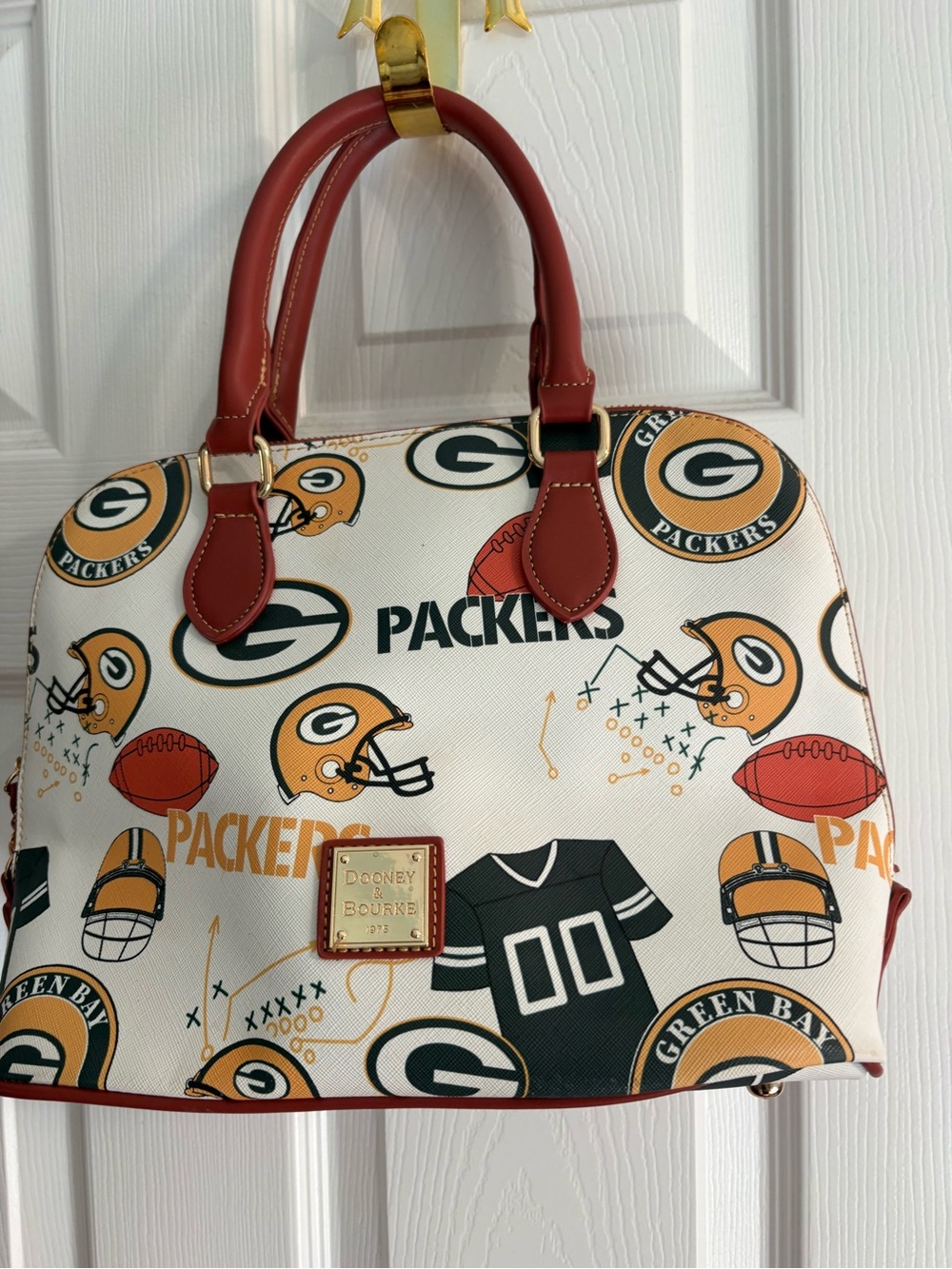 Dooney & Bourke White Green Bay Packers Print Satchel with Red Handles